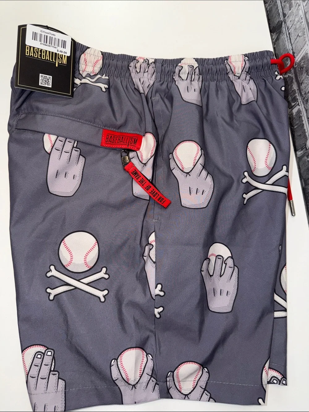 NWT Men’s Gray Baseball Graphic swim trunks